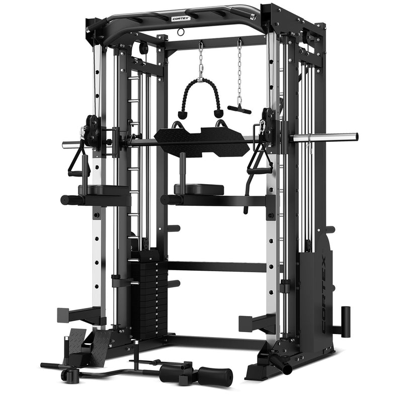 CORTEX SM-25 6-IN-1 POWER RACK WITH SMITH & CABLE MACHINE + BN-9 BENCH + 130KG OLYMPIC BUMPER WEIGHT PLATE & BARBELL PACKAGE