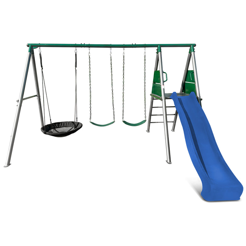 Europa Commercial Grade Steel Swing Set with Climb & 2.2m Slide (Blue)