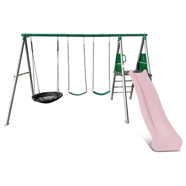 Europa Commercial Grade Steel Swing Set with Climb & 2.2m Slide (Pastel Pink)