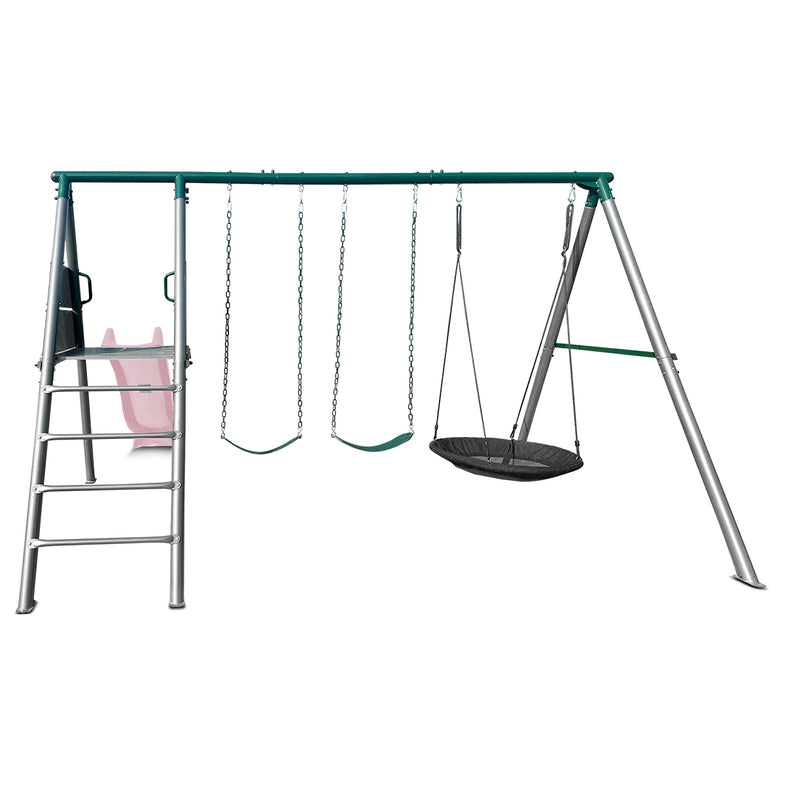 Europa Commercial Grade Steel Swing Set with Climb & 2.2m Slide (Pastel Pink)