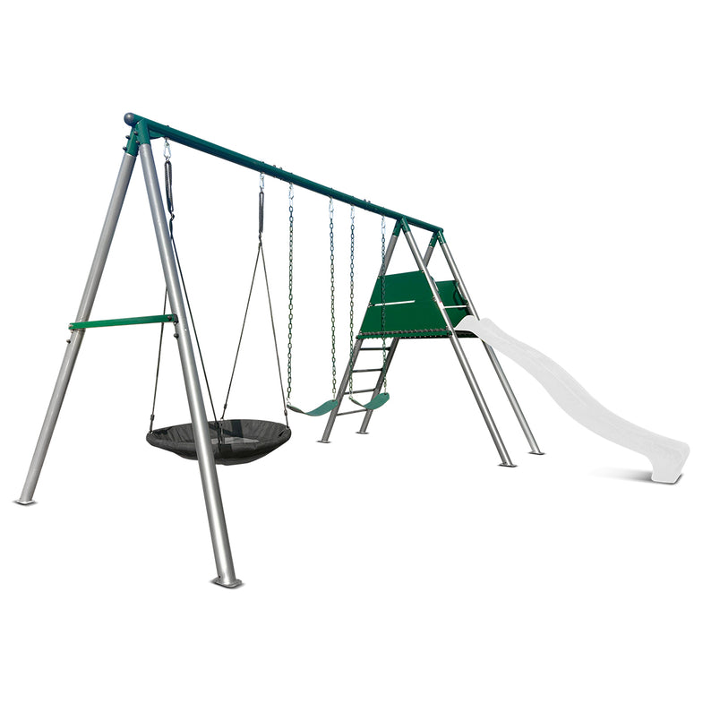 Europa Commercial Grade Steel Swing Set with Climb & 3.0m Slide (White)