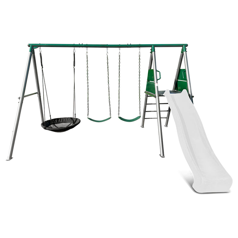 Europa Commercial Grade Steel Swing Set with Climb & 3.0m Slide (White)