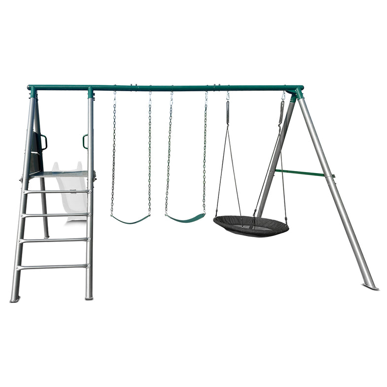 Europa Commercial Grade Steel Swing Set with Climb & 3.0m Slide (White)