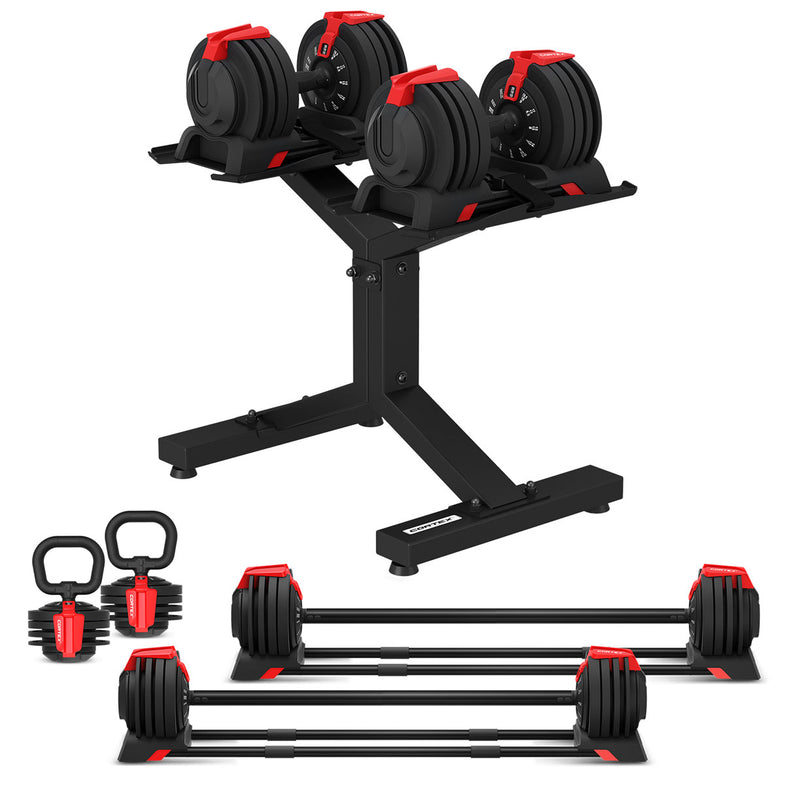 Revolock V2 48kg Adjustable Dumbbell + Barbell + Kettlebell All-in-One Set with Stand (24kg Pair)