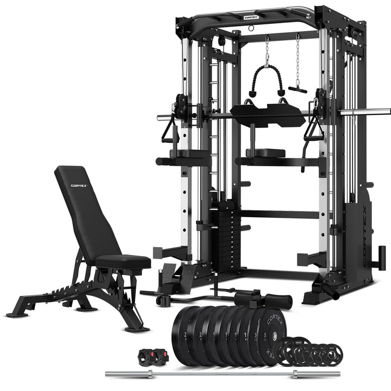 CORTEX SM-25 6-IN-1 POWER RACK WITH SMITH & CABLE MACHINE + BN-9 BENCH + 130KG OLYMPIC BUMPER WEIGHT PLATE & BARBELL PACKAGE