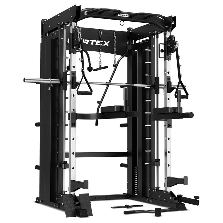 SM-26 6-IN-1 POWER RACK WITH DUAL STACK SMITH & CABLE MACHINE + BN-9 BENCH + 100KG OLYMPIC TRI-GRIP WEIGHT PLATE & BARBELL PACKAGE