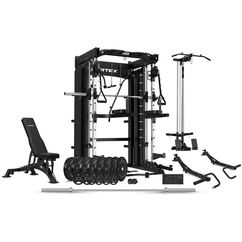 SM-26 Power Rack With Dual Stack Smith & Cable Machine + Jammer Arms + Chest Fly Attachment + 2x 30kg Weights Add On + BN-9 Bench + Ultimate Olympic Bumper Weight Plate & Barbell Package