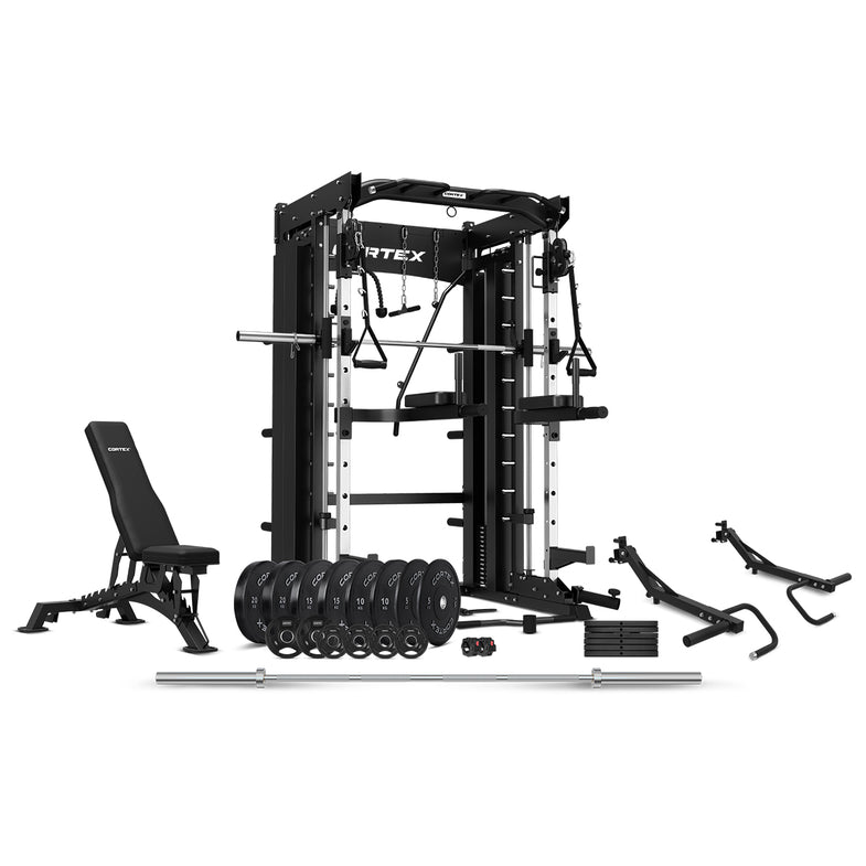 SM-26 Power Rack With Dual Stack Smith & Cable Machine + Jammer Arms + Chest Fly Attachment + 2x 30kg Weights Add On + BN-9 Bench + Ultimate Olympic Bumper Weight Plate & Barbell Package