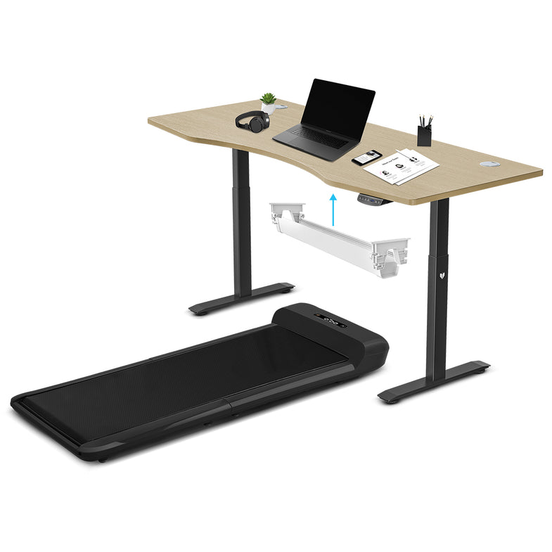 C2 Black WalkingPad Treadmill with 180cm Dual Motor Automatic Standing Desk in Oak and Cable Management Tray