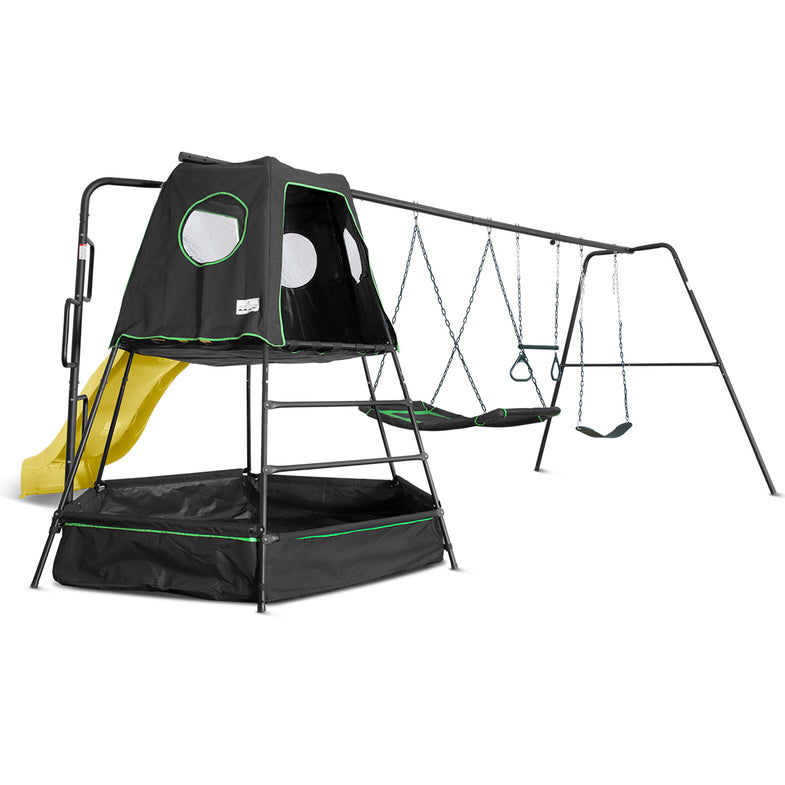 Pallas Play Tower with Metal Swing Set (Green Slide)