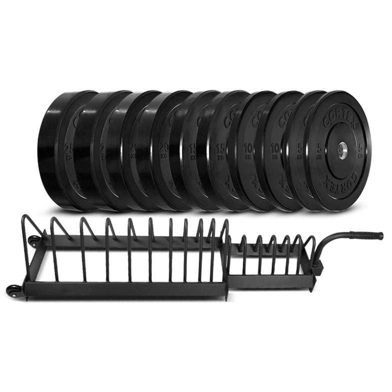 150kg Black Series Bumper Plate Set with 16 Plate Toaster Rack