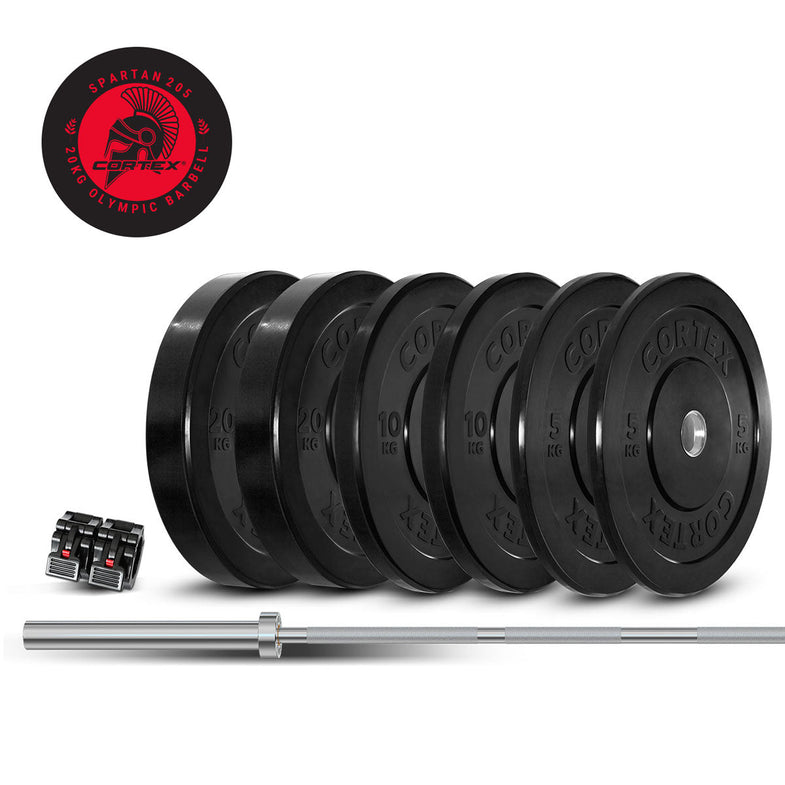90kg Black Series Bumper Plate Set with SPARTAN205 Barbell